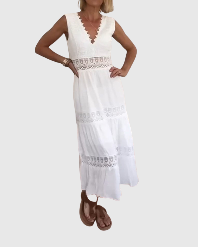 Ninfea - Bezrukávové midi šaty v boho stylu s krajkovými detaily
