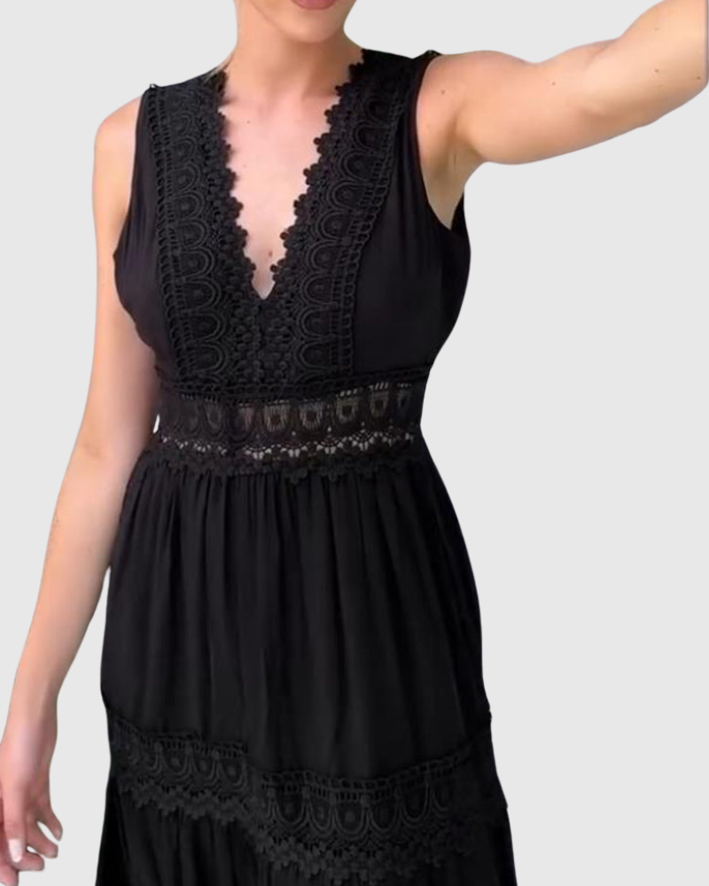 Ninfea - Bezrukávové midi šaty v boho stylu s krajkovými detaily