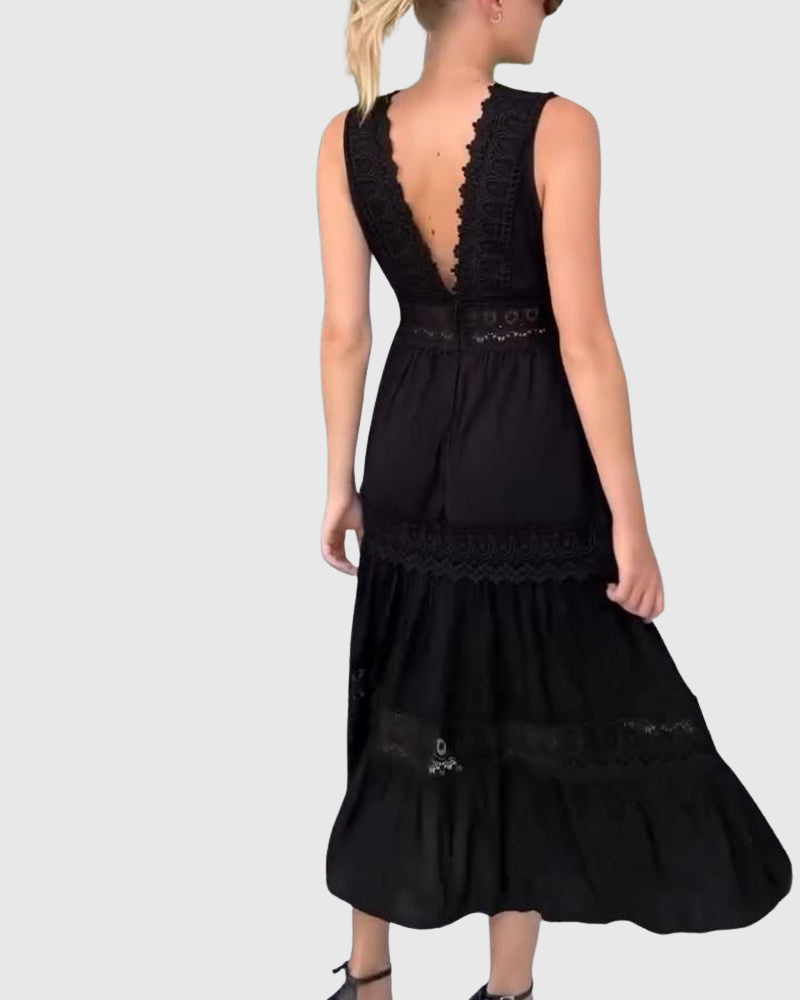 Ninfea - Bezrukávové midi šaty v boho stylu s krajkovými detaily